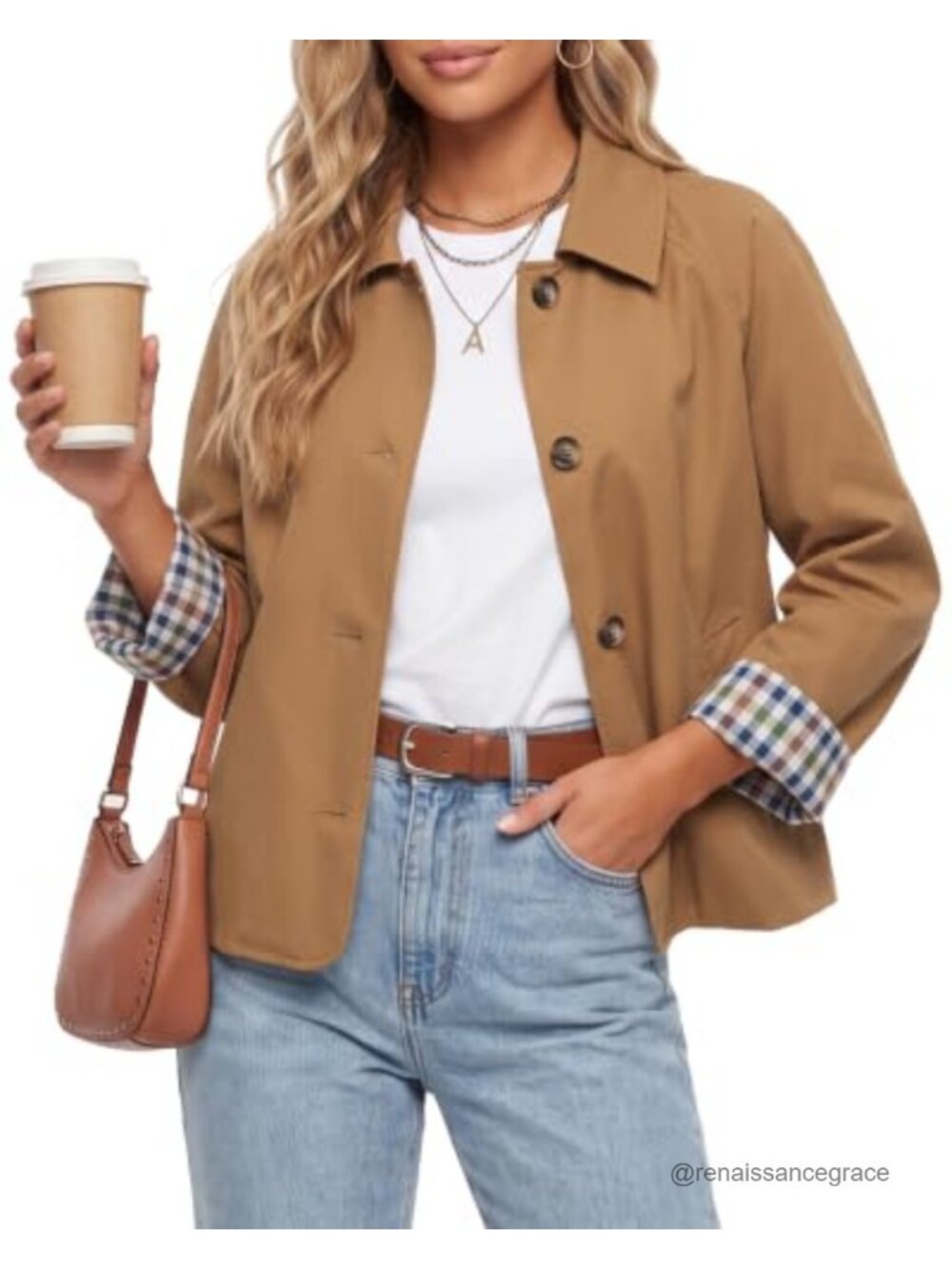 Women's Cropped Trench Coat Plaid Lining Button Down Casual Jacket